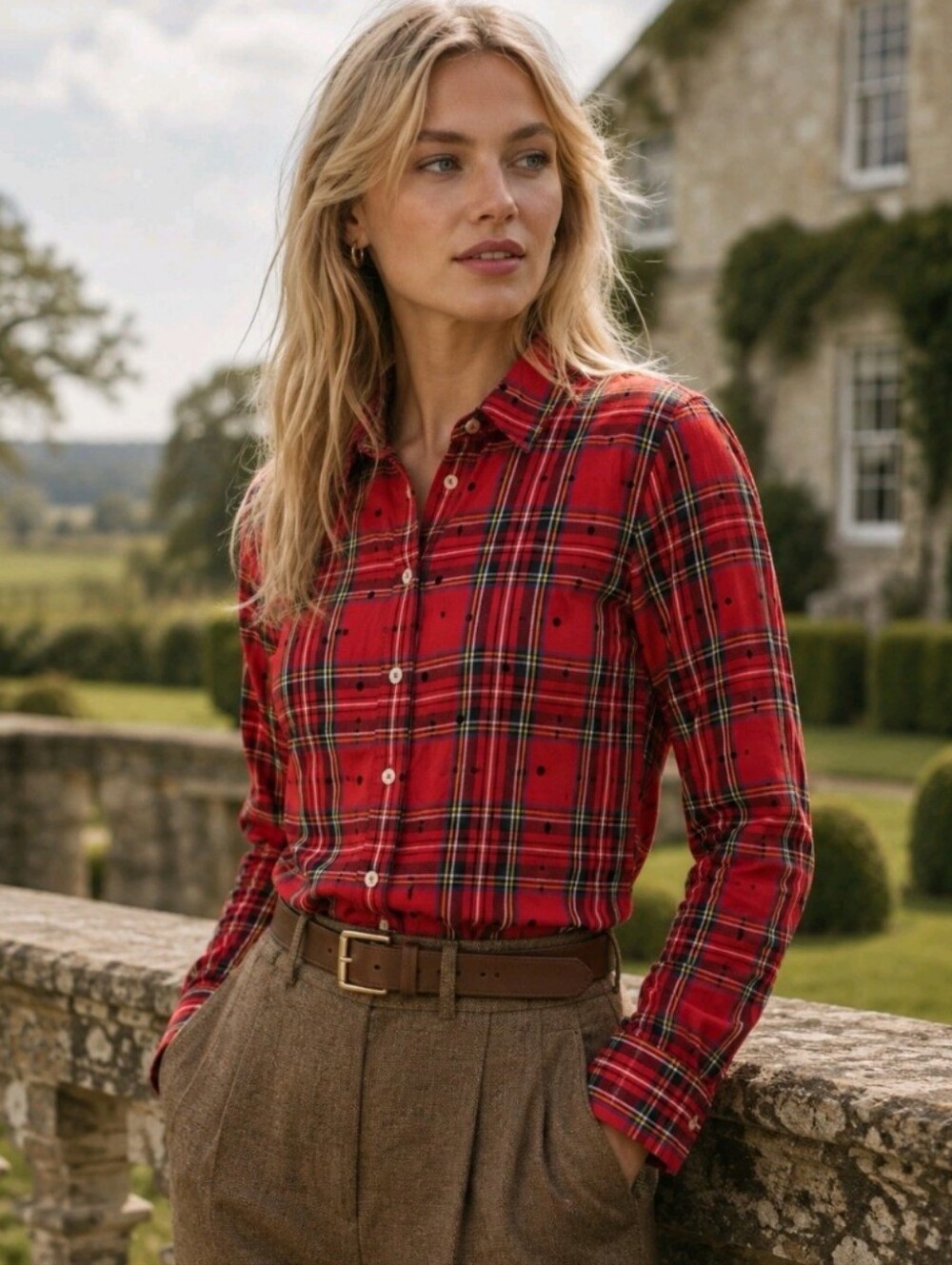 Talbots Petite Red Plaid Flocked Polka Dot Button Down Shirt MP Cotton Rayon